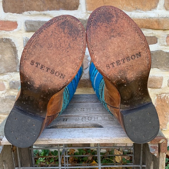 Sold STETSON Serape Blanket Aztec Blue Brown Knee High Western Cowgirl Boots - Picture 7 of 11